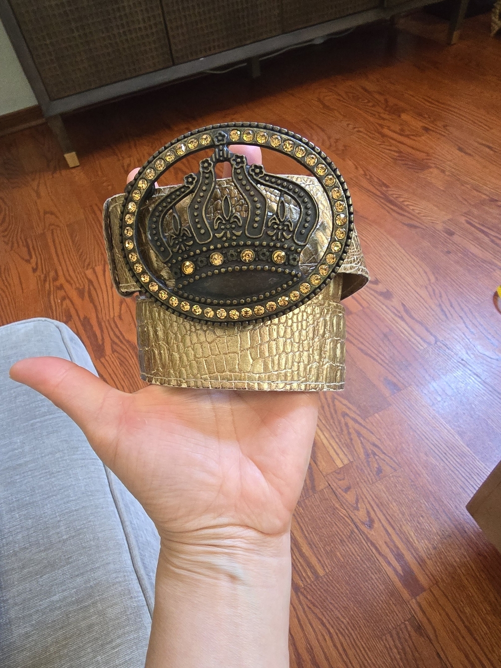 Y2K Metallic Gold Croc Embossed Leather Belt Crown Rhinestone Buckle Size S